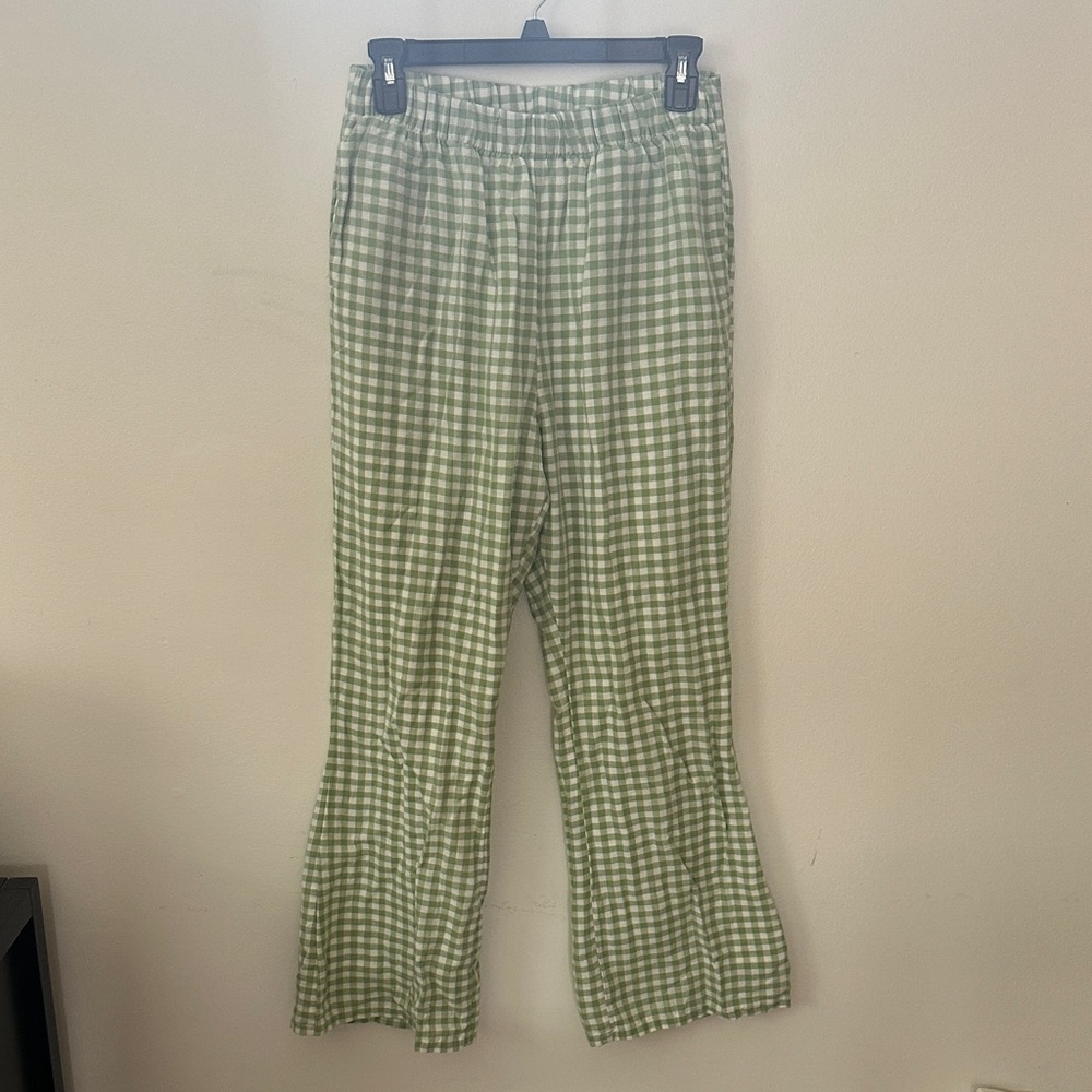 American Eagle Outfitters Green Checkered Flare Pants